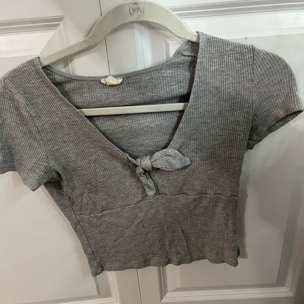 Garage Grey  Ribbed Bow Tie Cropped Tee